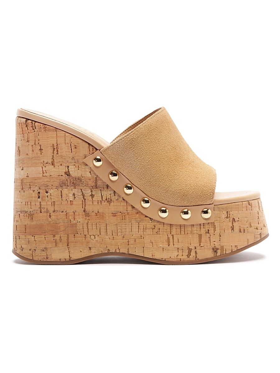 Women's Dalle Studded Suede Wedge-Heel Mules - Light Wood - Size 10