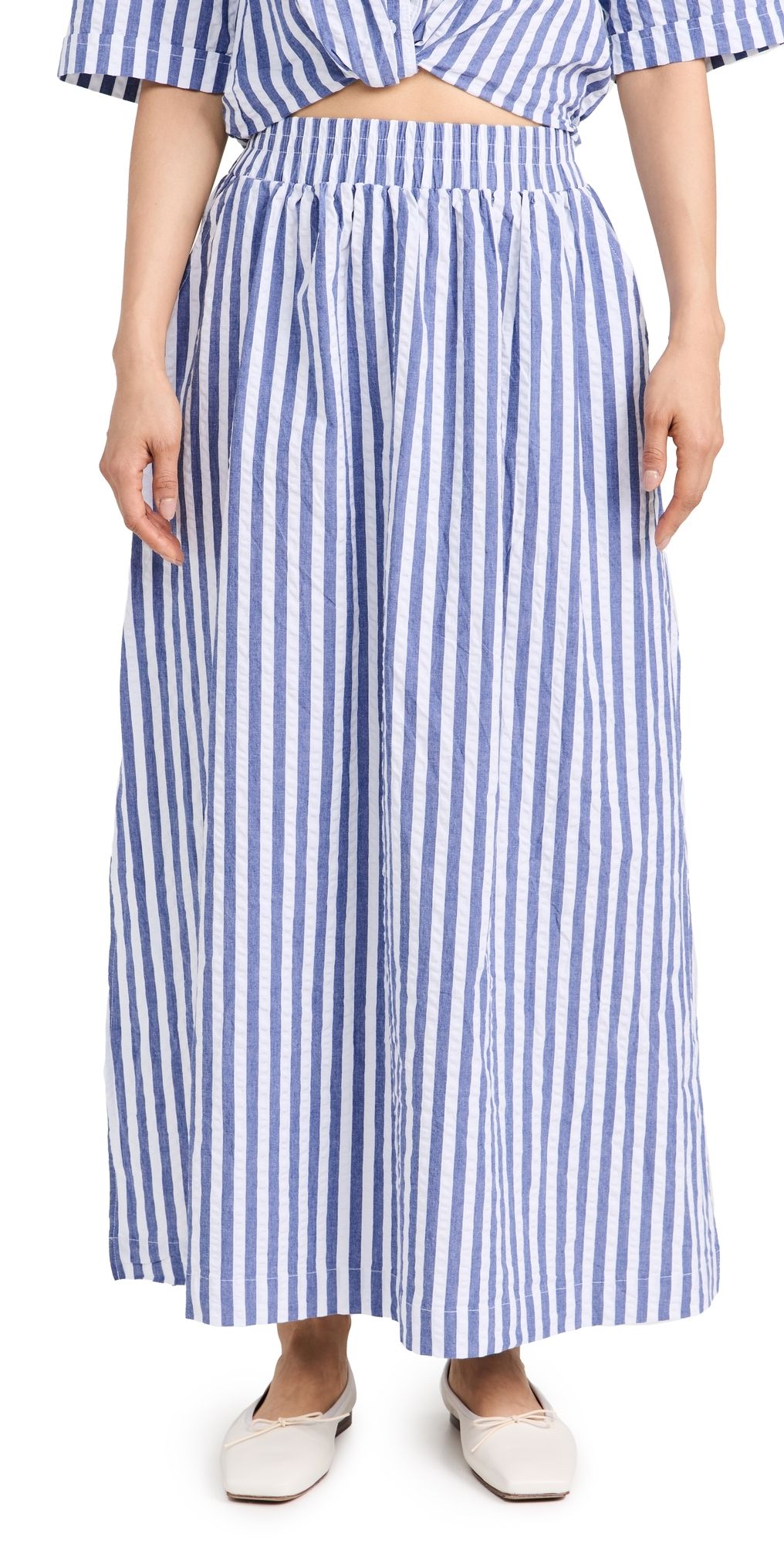 Stateside Puckered Stripe Double Slit Maxi Skirt Navy Stripe L