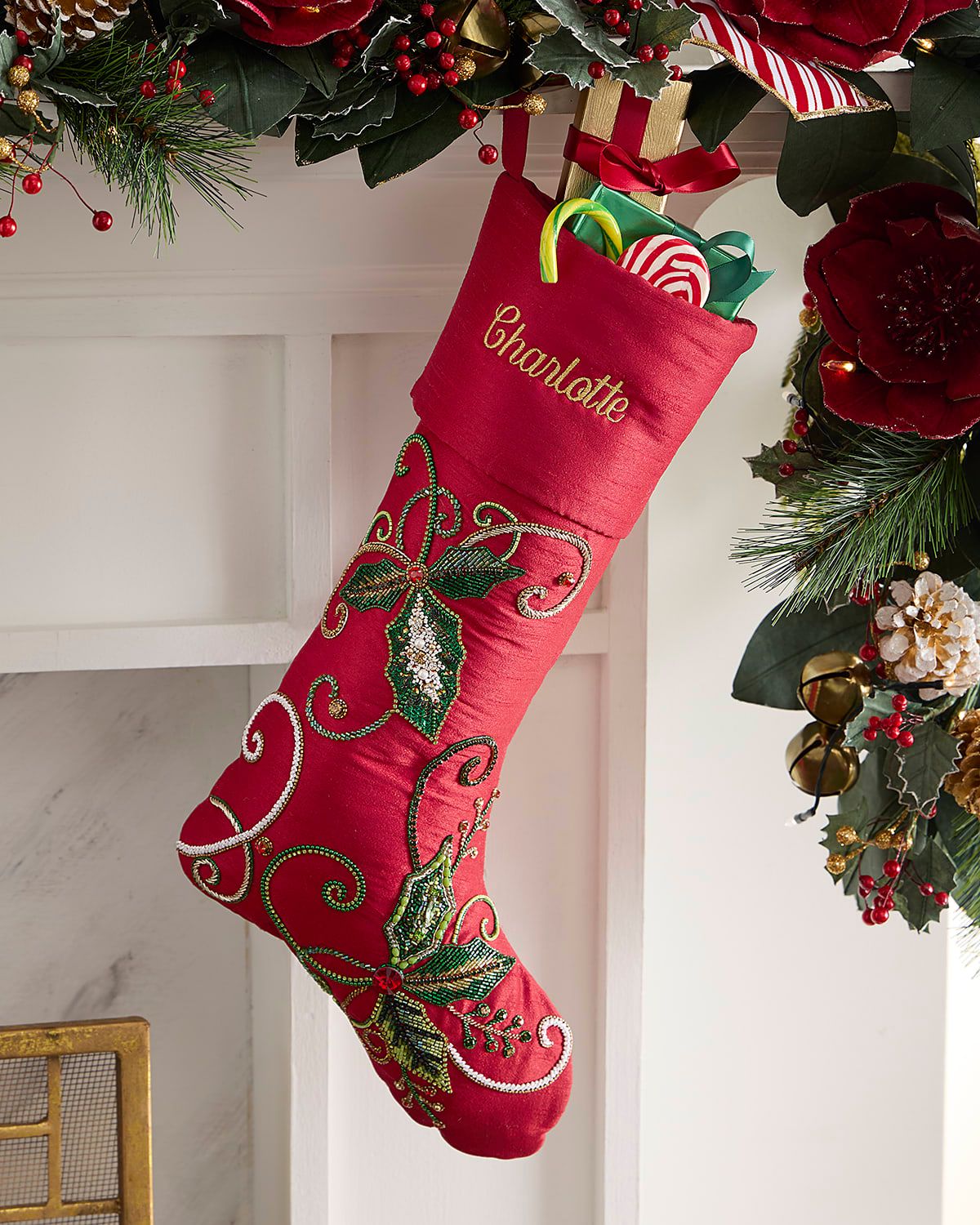 Beaded Holly Leaves Classic Christmas Stocking, Personalized