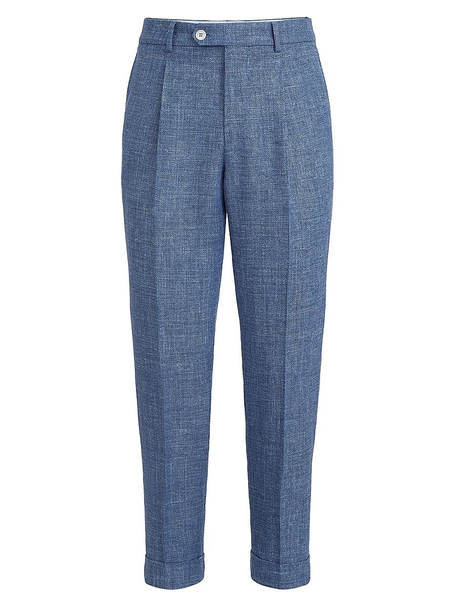 Men's Virgin Wool, Silk and Linen Hopsack Pleated Trousers - Denim - Size 46