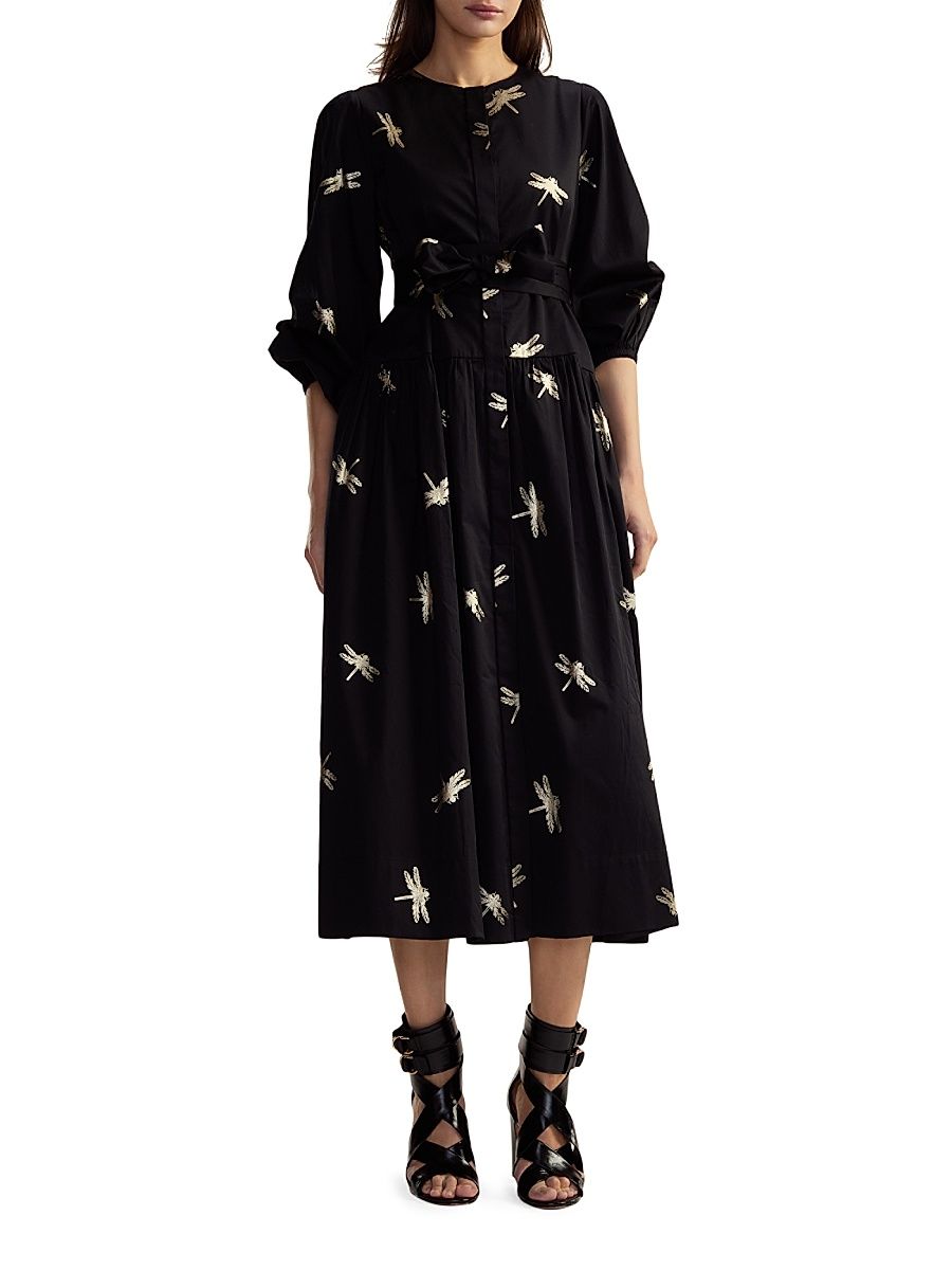 Women's Dragonfly Cotton Sateen Maxi Shirtdress - Black Gold - Size XS