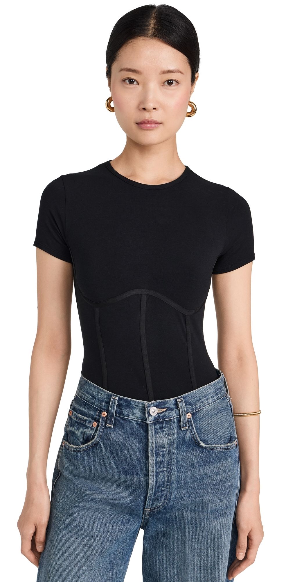 Fleur du Mal Cotton T Shirt Thong Bodysuit Black XS