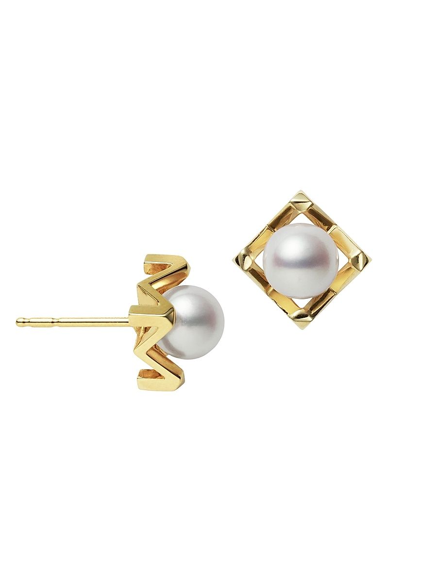 Women's M Collection 18K Yellow Gold & 6.25MM Cultured White Akoya Pearl Stud Earrings - Yellow Gold