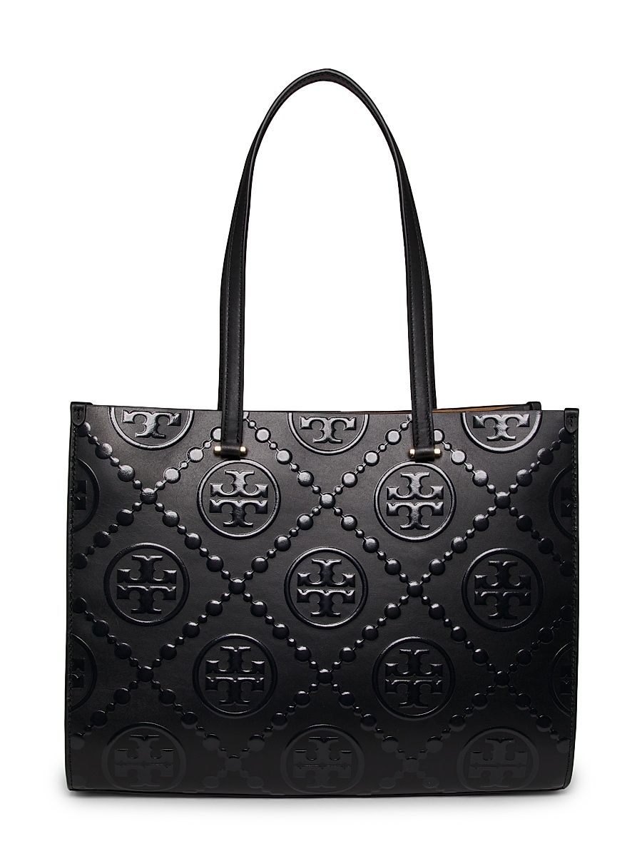 Women's T Monogram Leather Contrast Tote - Black
