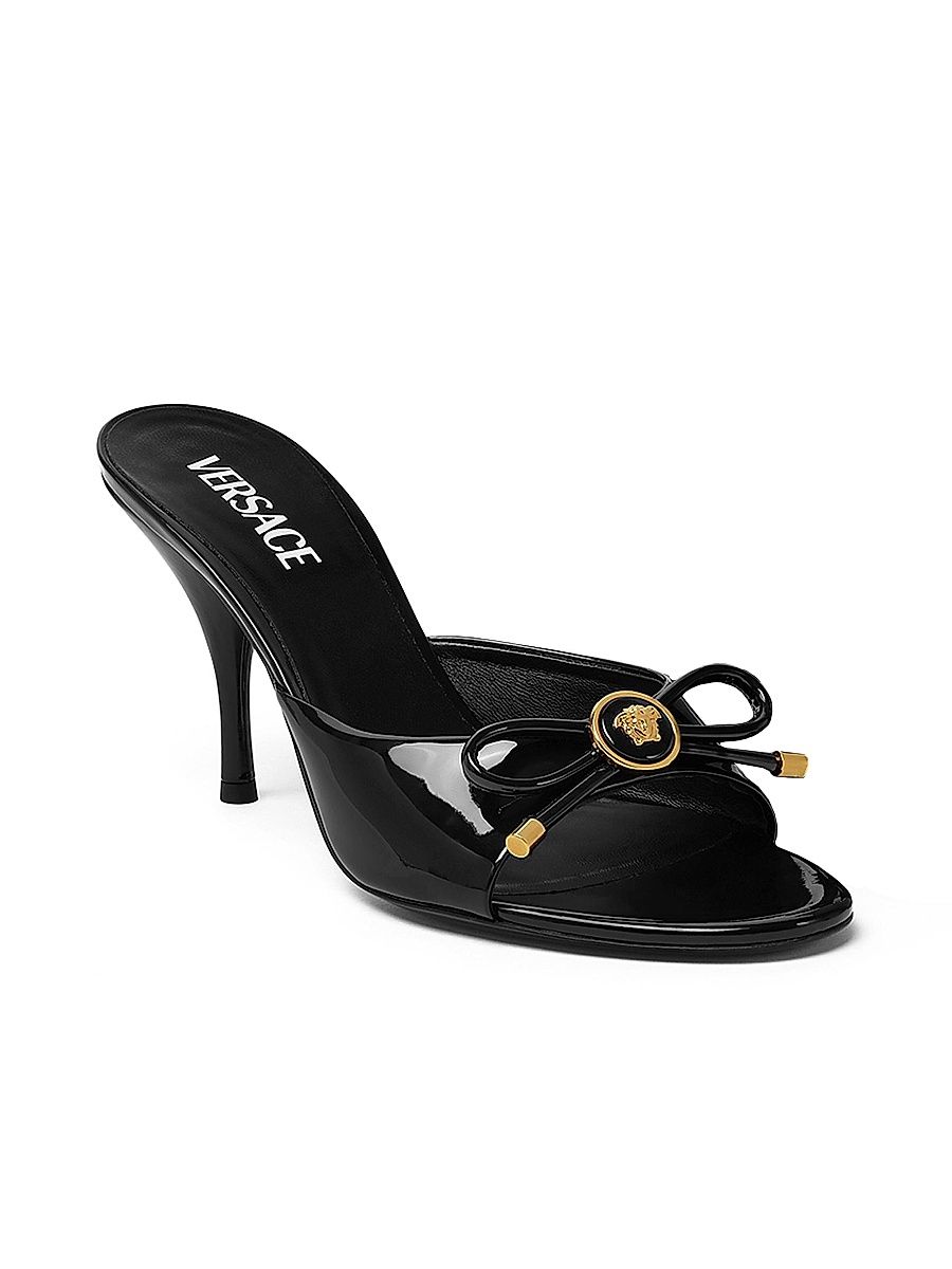 Women's Opera Bow 85MM Patent Leather Mules - Black Versace Gold - Size 11