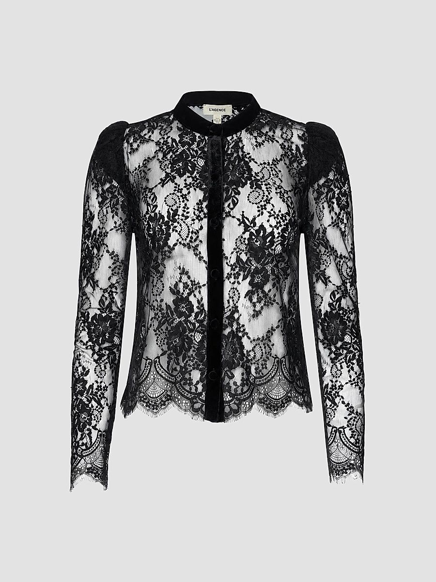 L'AGENCE Women's Dorothea Velvet Lace Blouse - Black - Size XL