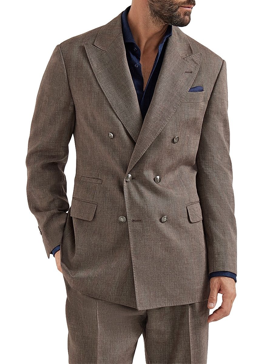 Men's Linen and Virgin Wool Chevron One and a Half Breasted Tailor Blazer - Hazelnut - Size 48