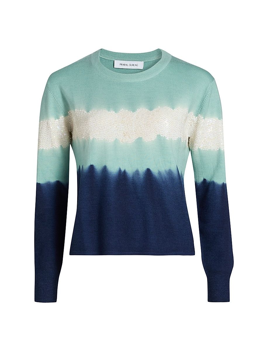 Women's Sequined Striped Wool-Blend Sweater - Navy White Blue - Size XL