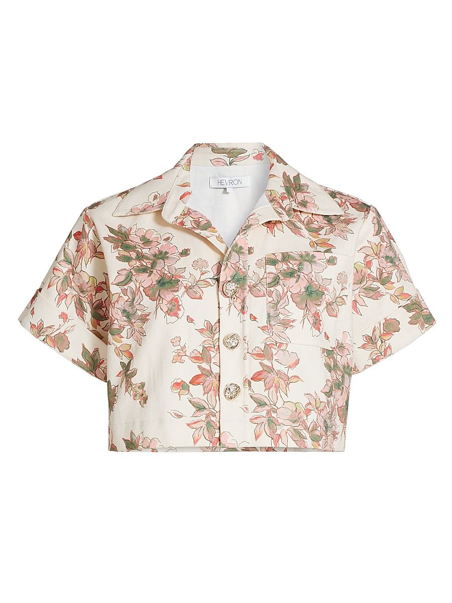 Women's Ellison Floral Button-Front Crop Top - Egret Floral - Size Medium