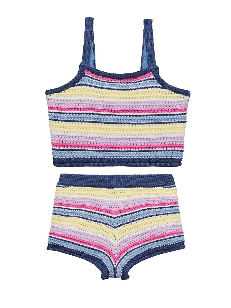 Girl's Striped Tank Top & Shorts Set - Denim Jean Combo - Size 14