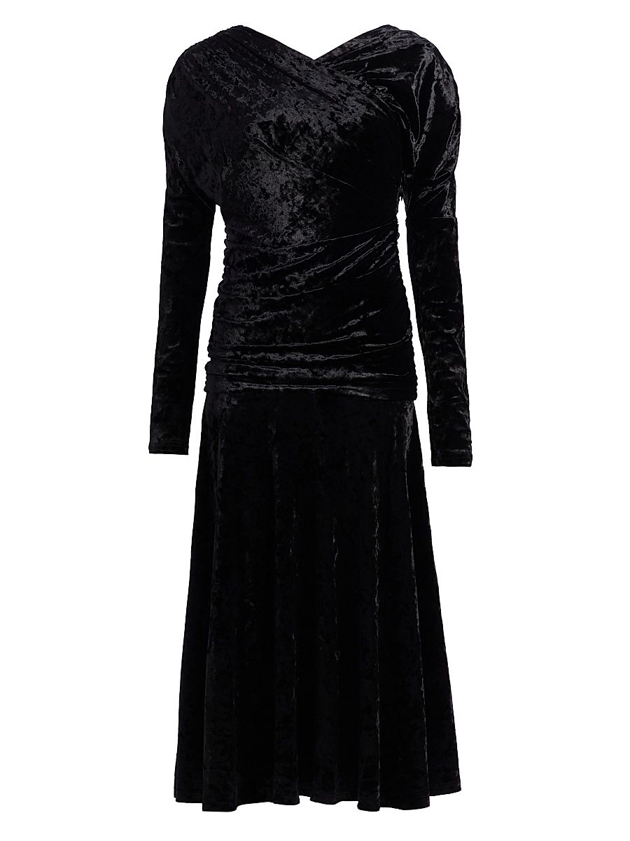Women's Ruched Velour Jersey A-Line Midi-Dress - Black - Size 14