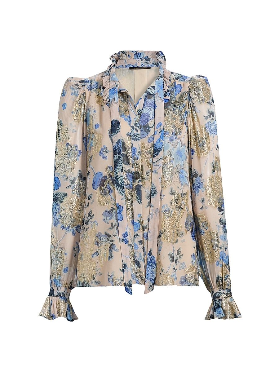 Women's Josie Metallic Floral Ruffle Blouse - Blue Multi - Size XL