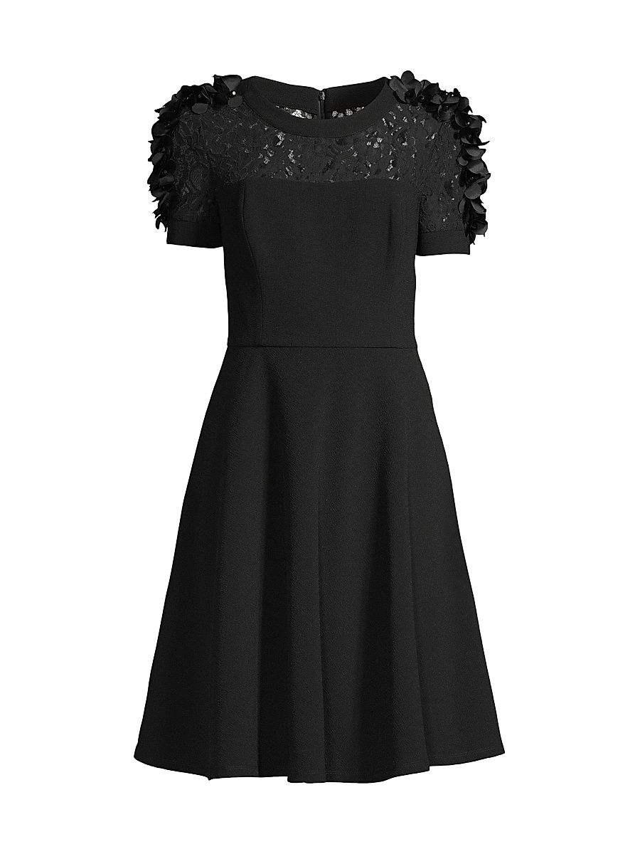 Women's Floral Applique Fit-&-Flare Crepe Dress - Black - Size 14