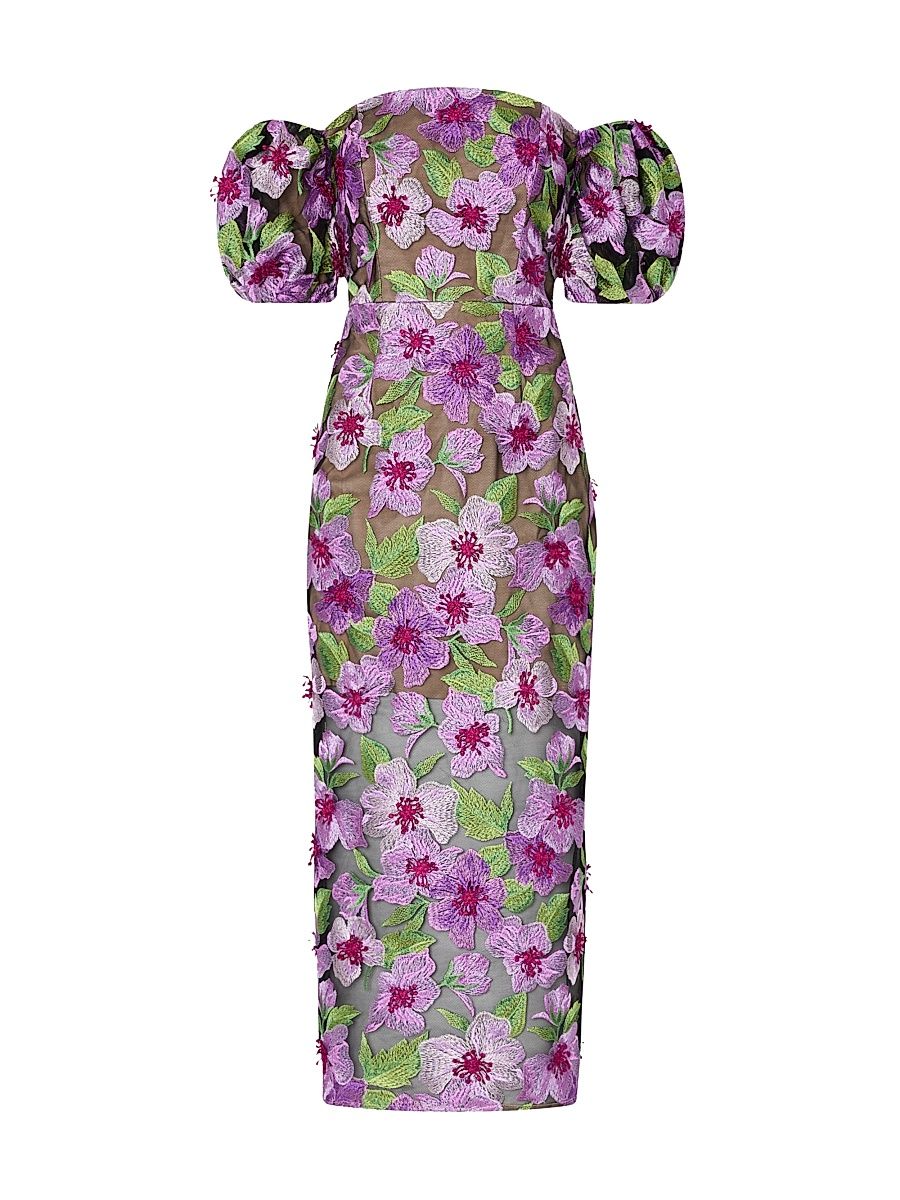 Women's Nira Floral-Embroidered Off-The-Shoulder Midi-Dress - Pink Multi - Size 12