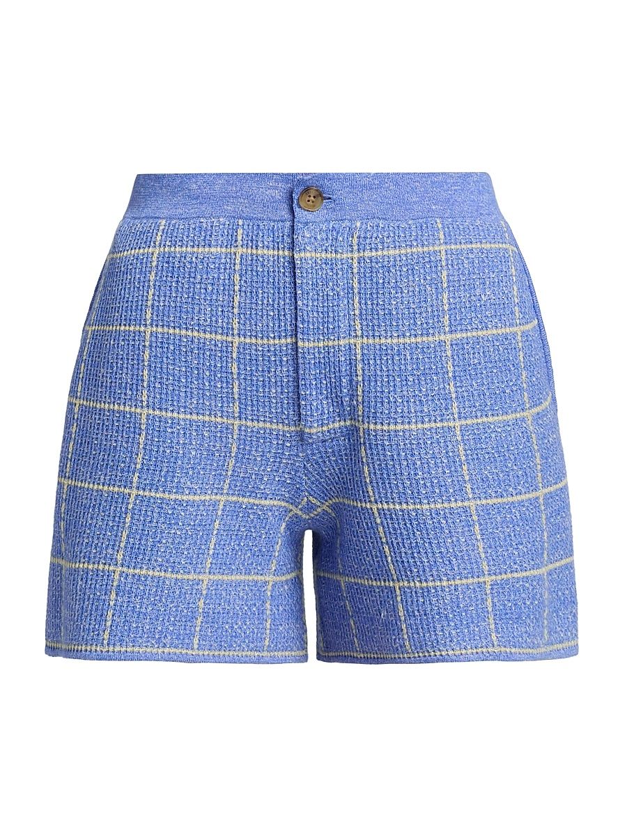 Women's Windowpane Check Cashmere-Linen Shorts - Delft Blue Butter - Size XL