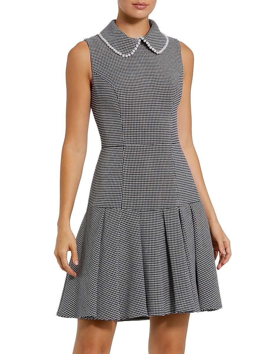 Women's Sleeveless Collared Bouclé Minidress With Pleats - Black White - Size Large