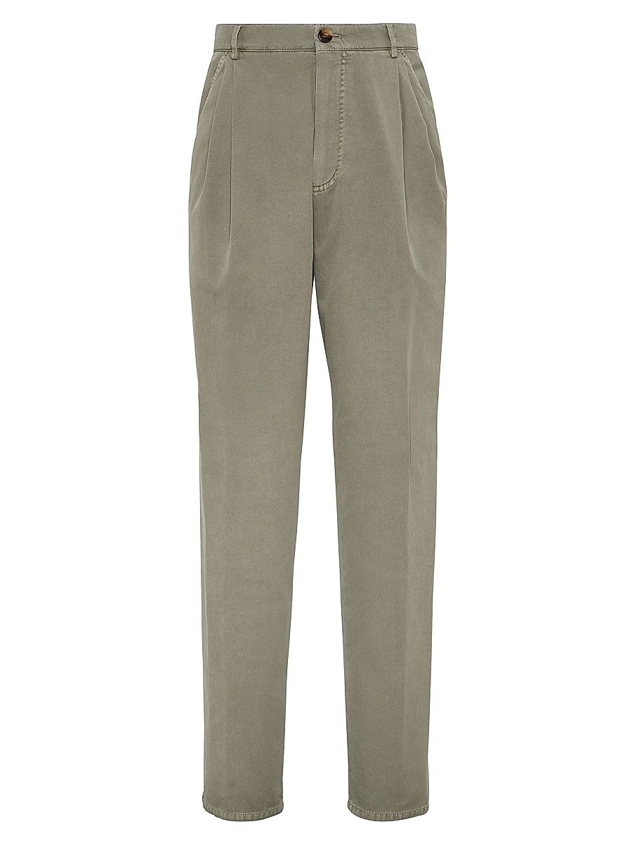 Men's Twisted Cotton Gabardine Trousers with Double Pleats - Khaki - Size 46