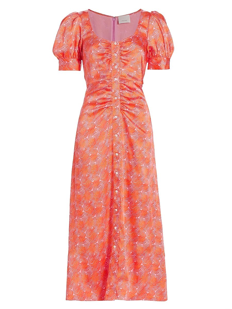 Women's Ximena Summer Waves Satin Midi-Dress - Pale Flamingo Orange - Size 8