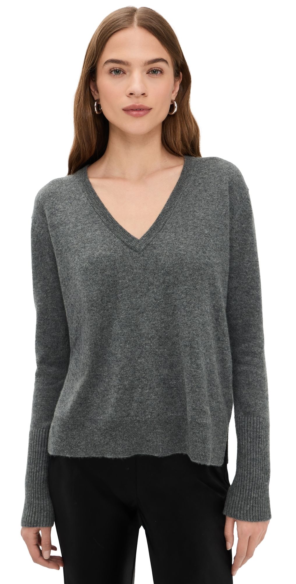 La Ligne Solid Lean Lines V Neck Cashmere Sweater Heather Grey XXS