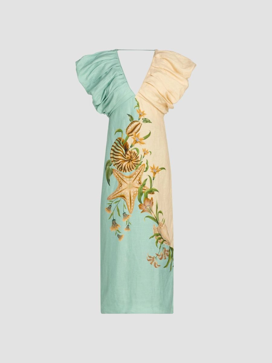 Farm Rio Women's Marine Garden Two-Tone Puff-Sleeve Midi Dress - Sand - Size XL