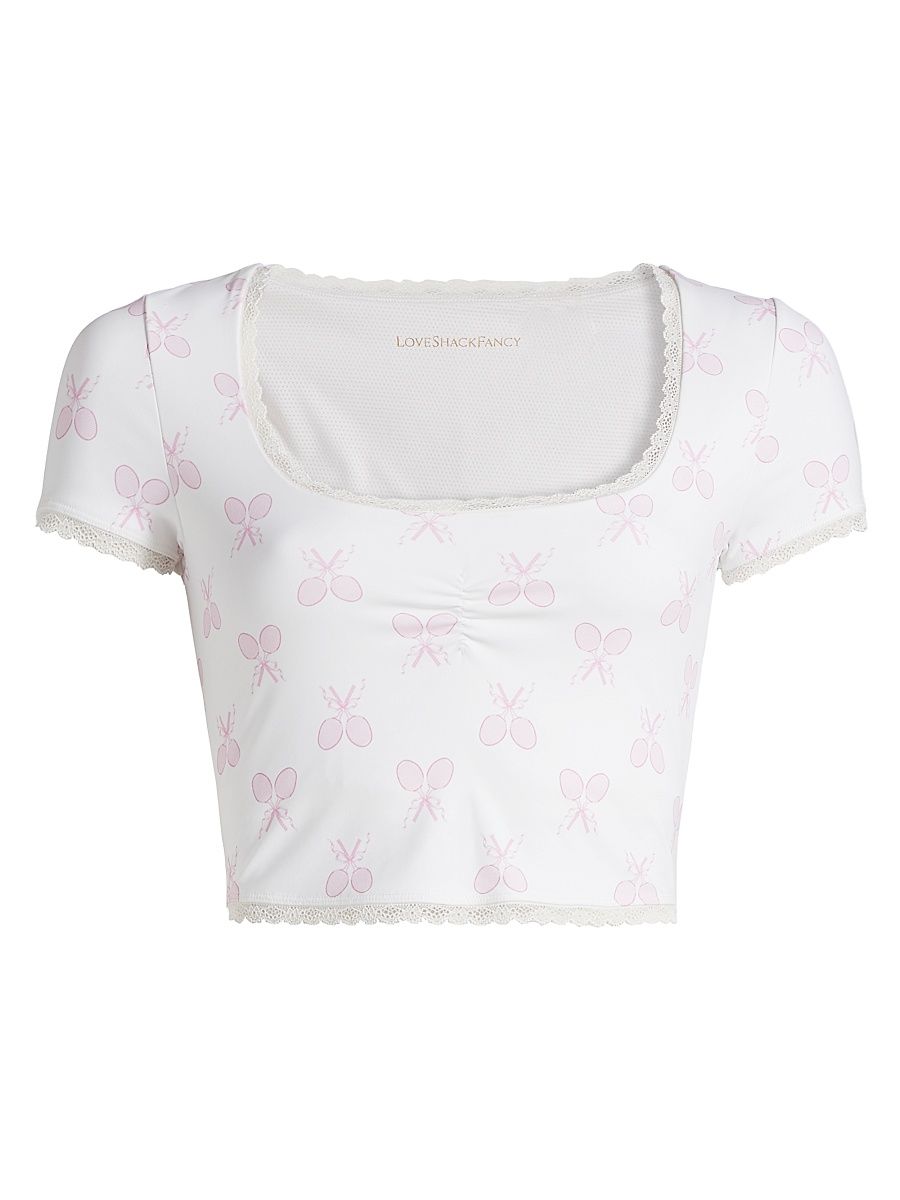 Women's Kudura Printed Lace-Trimmed Crop Top - Victory White - Size Large