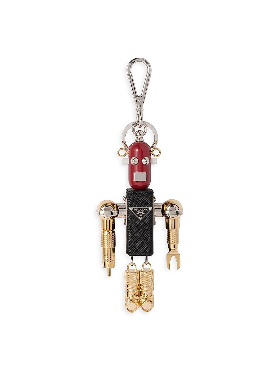 Men's Robot Saffiano Leather Key Ring Charm - Black