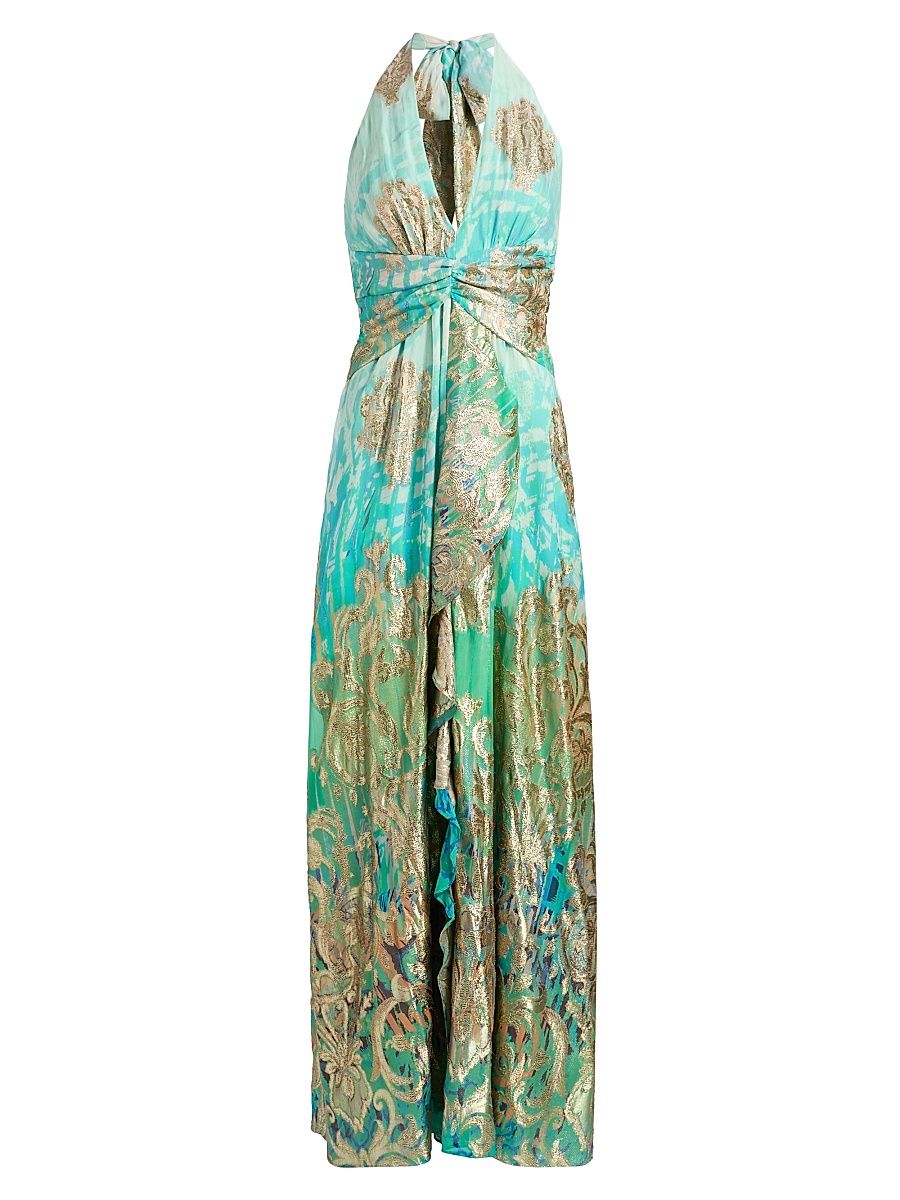 Women's Stephanie Printed Metallic Ombré Gown - Bright Lime Ombre - Size 10