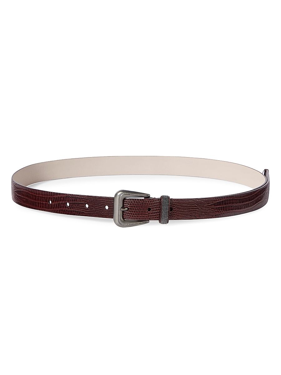 Women's Lizard Effect Calfskin Belt with Shiny Loop - Burgundy - Size Medium