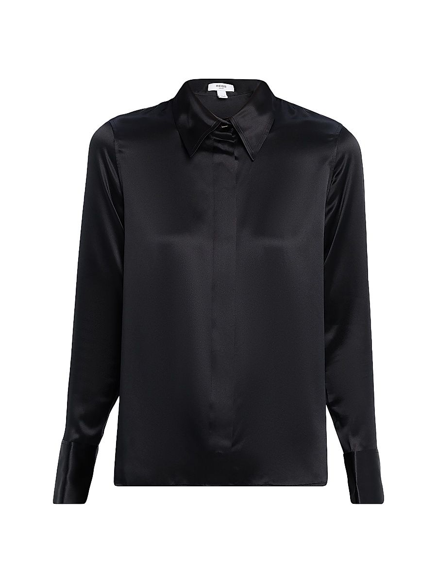 Women's Silk Minimalist Button-Front Shirt - Black - Size 14