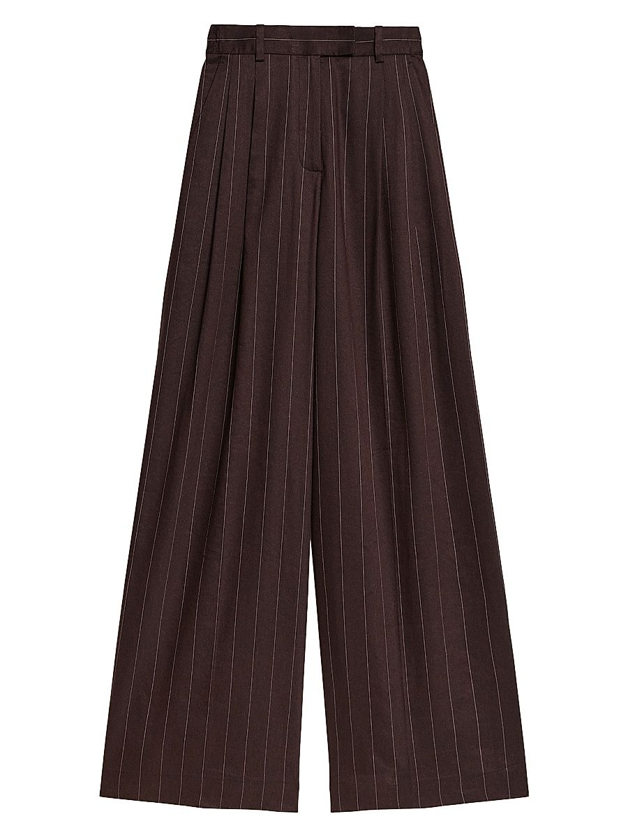 Women's Pinstripe Linen-Blend Wide-Leg Pants - Brown Multi - Size 8