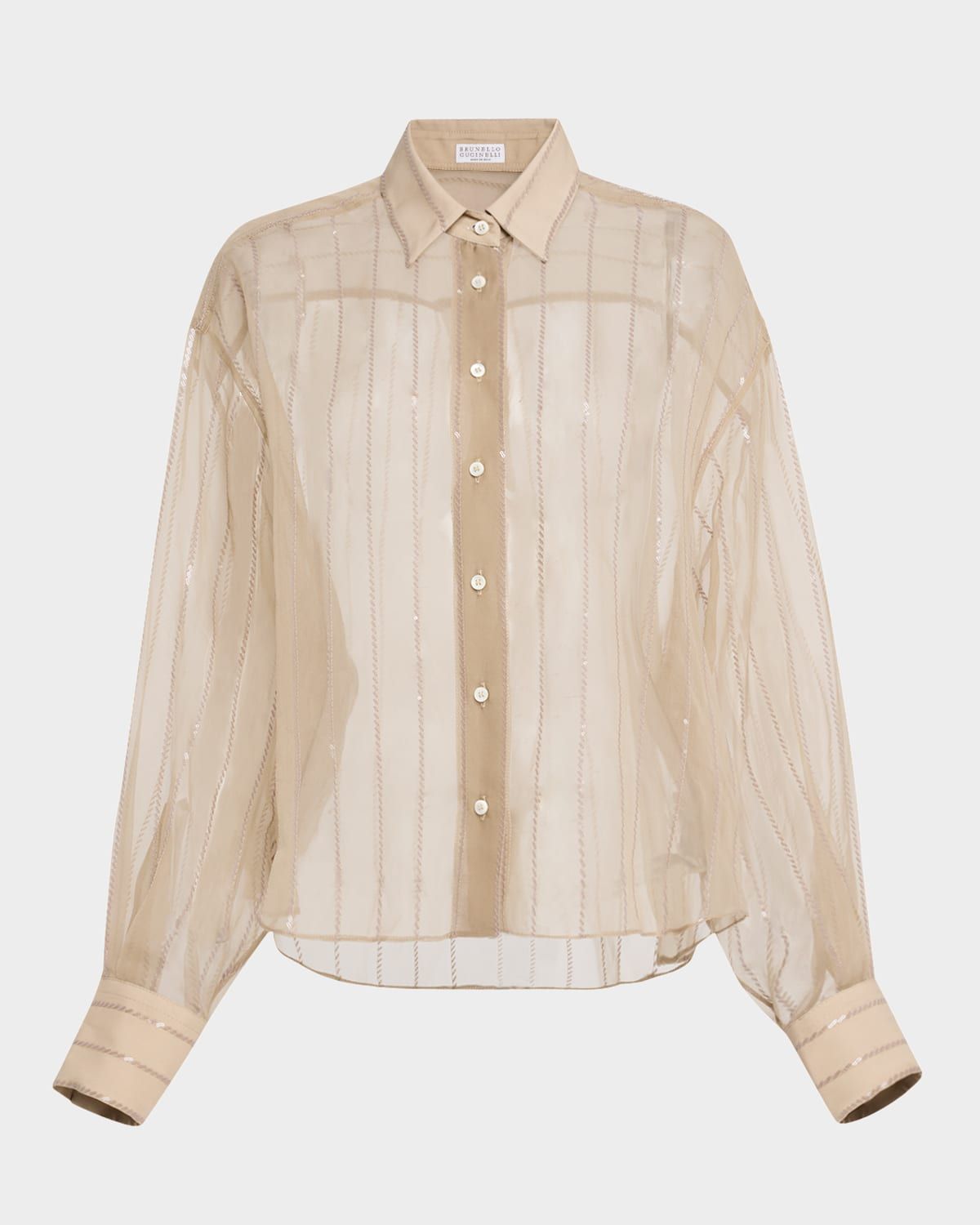 Striped Paillette Crispy Silk Chiffon Button-Down Blouse