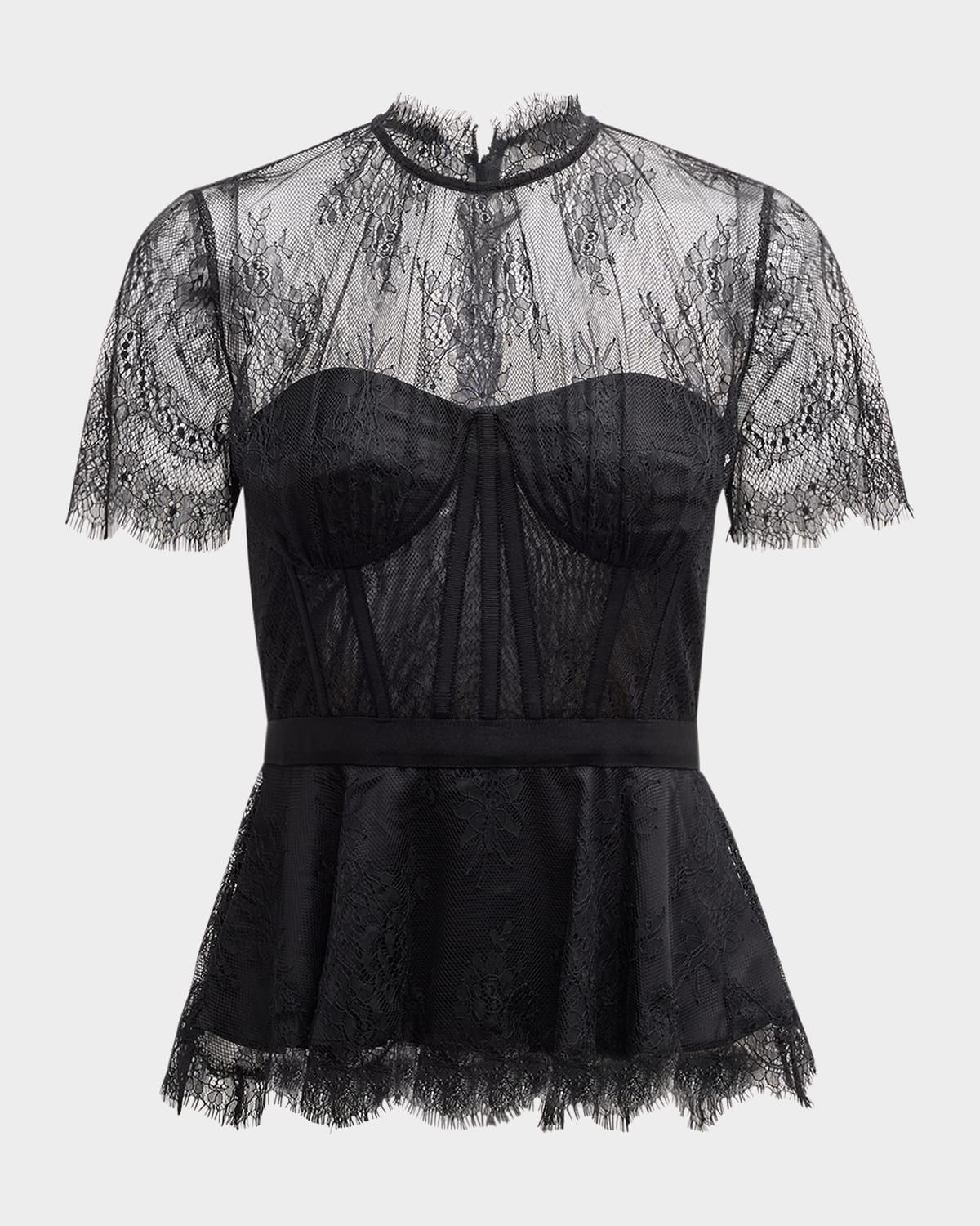 Kehlani Sheer Lace Short-Sleeve Peplum Bustier Top