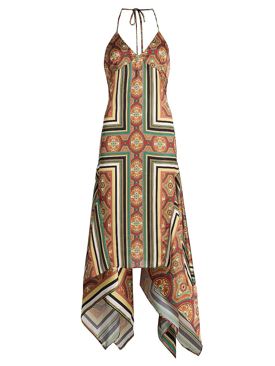 Women's Sheila Printed Satin Handkerchief Midi-Dress - Majorelle Scarf - Size XS