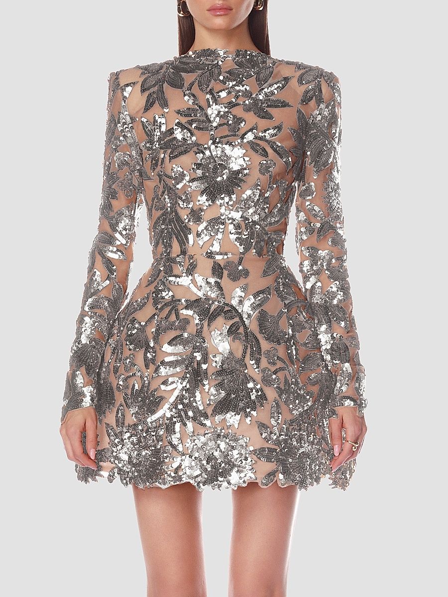 Women's Sequined Floral Long-Sleeve Mini Dress - Silver - Size Large