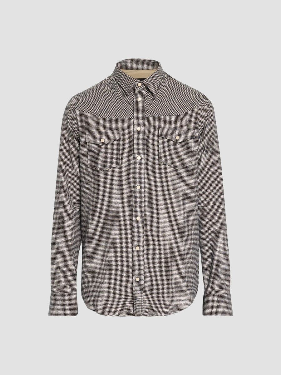 Emporio Armani Men's Micro Houndstooth Western Shirt - Solid Medium Brown - Size Small