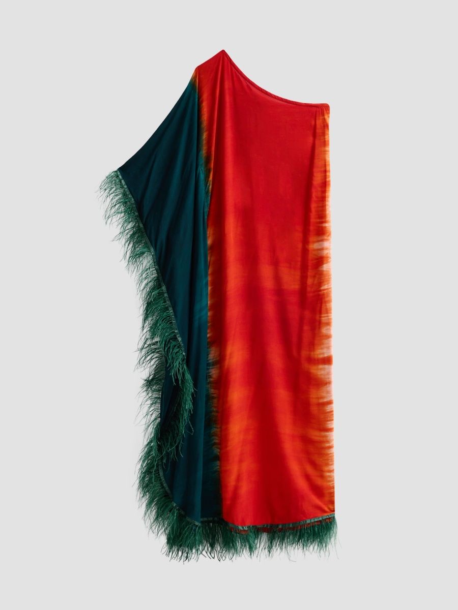 Busayo Women's Agboya Feather-Trim Caftan Maxi Dress - Green Red And Pink - Size XS