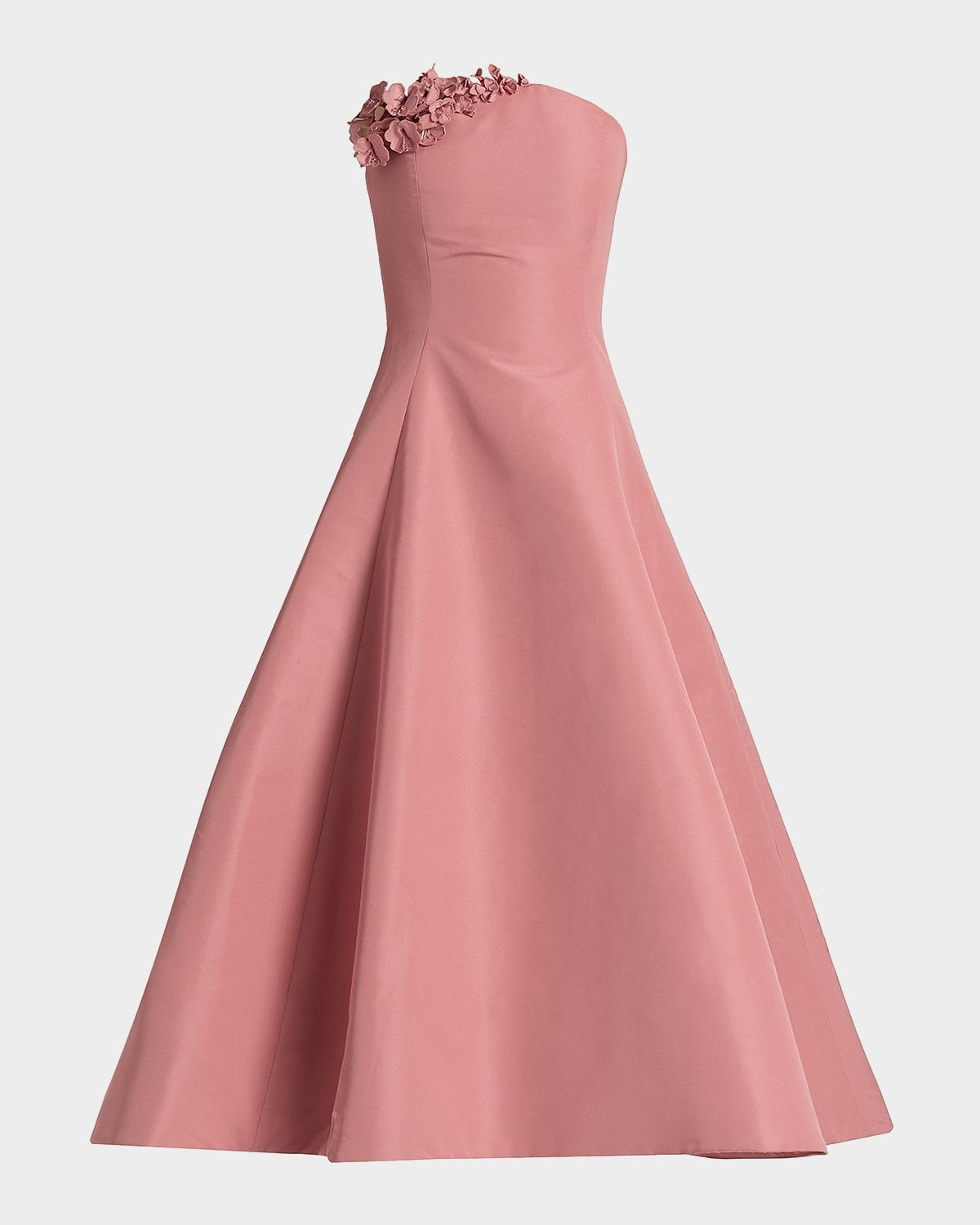 Strapless Flower Applique Faille Midi Cocktail Dress