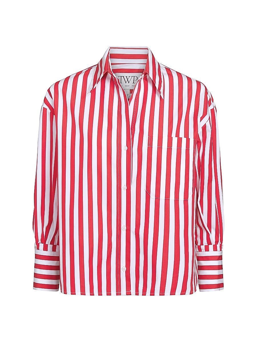 Women's J. D. Striped Cotton Button-Front Shirt - Red White - Size Medium