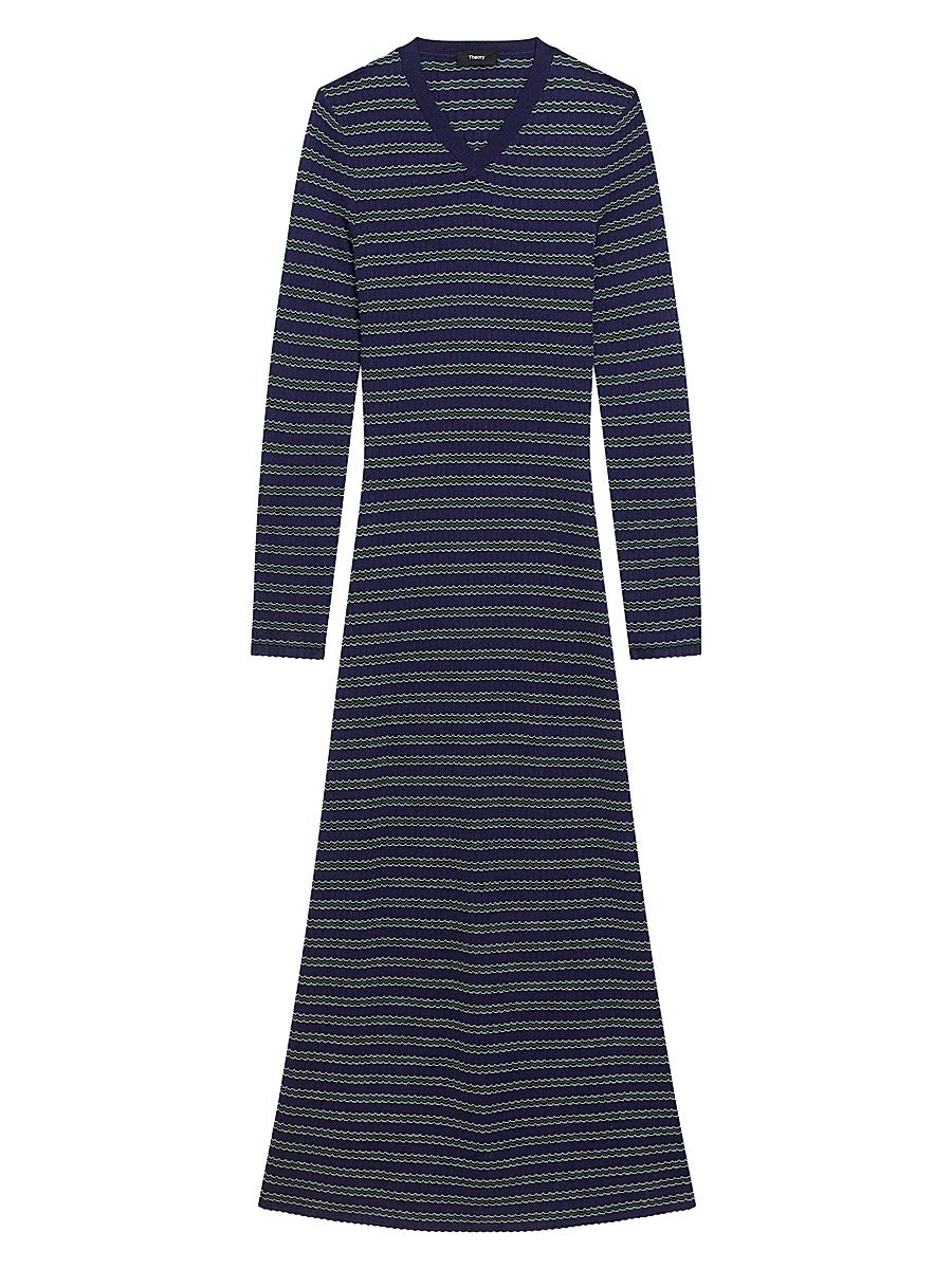 Women's Striped Merino Wool Maxi Dress - Deep Navy - Size Large