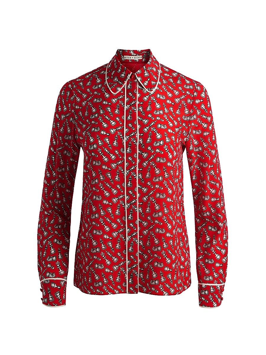 Women's Willa Chess-Print Silk Shirt - Queening - Size Medium