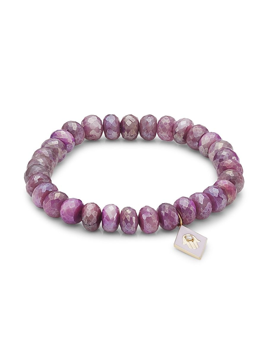 Women's 14K Yellow Gold, Mystic Moonstone & Diamond Hamsa Charm Bracelet - Pink