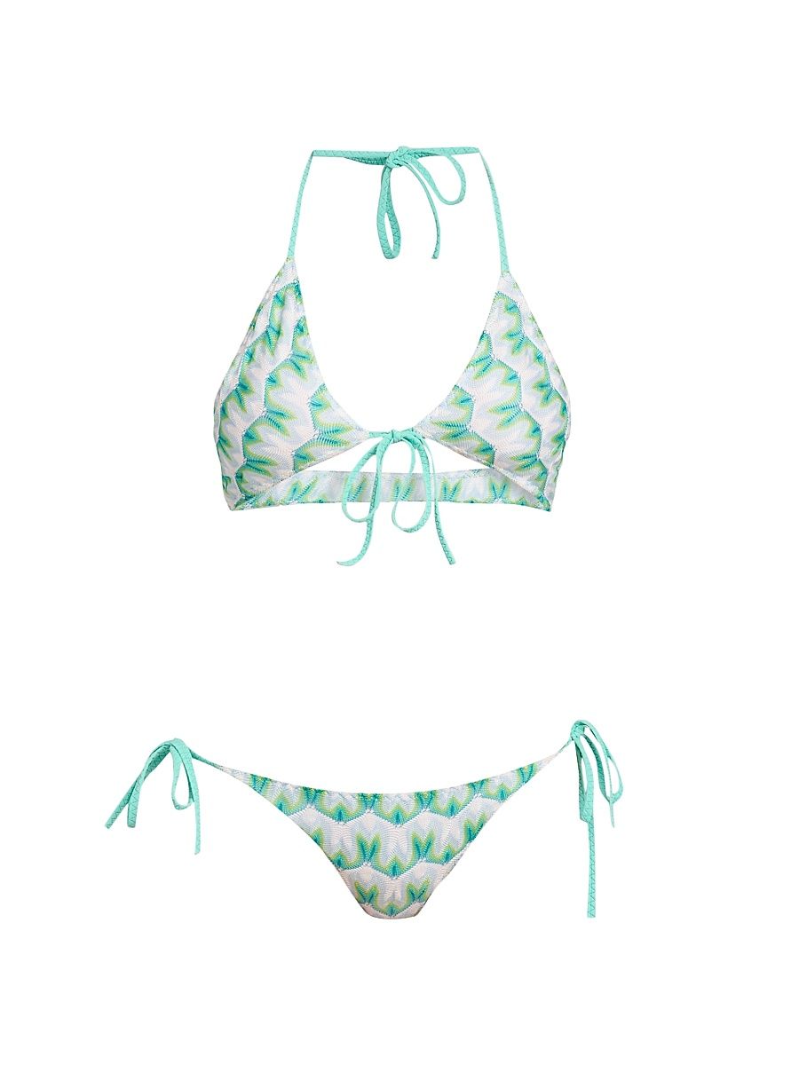 Women's Tie-Front Knit Bikini - Multi Light Blue Green - Size 12