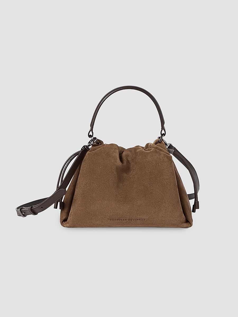 Brunello Cucinelli Women's Mellow Small Bucket Bag in Suede with Monili - Caramel