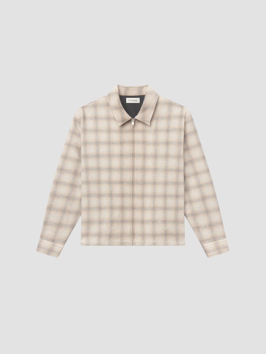 FRAME Men's Plaid Wool-Nylon Zip-Front Overshirt - Brown Plaid - Size Small