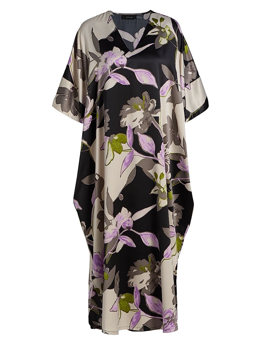 Women's Tsubaki Floral Charmeuse Midi-Dress - Black Multi - Size Medium