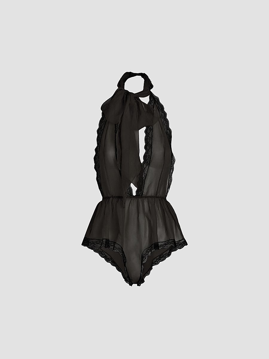 Women's Stretch-Silk Lace-Trim Romper - Black - Size XL