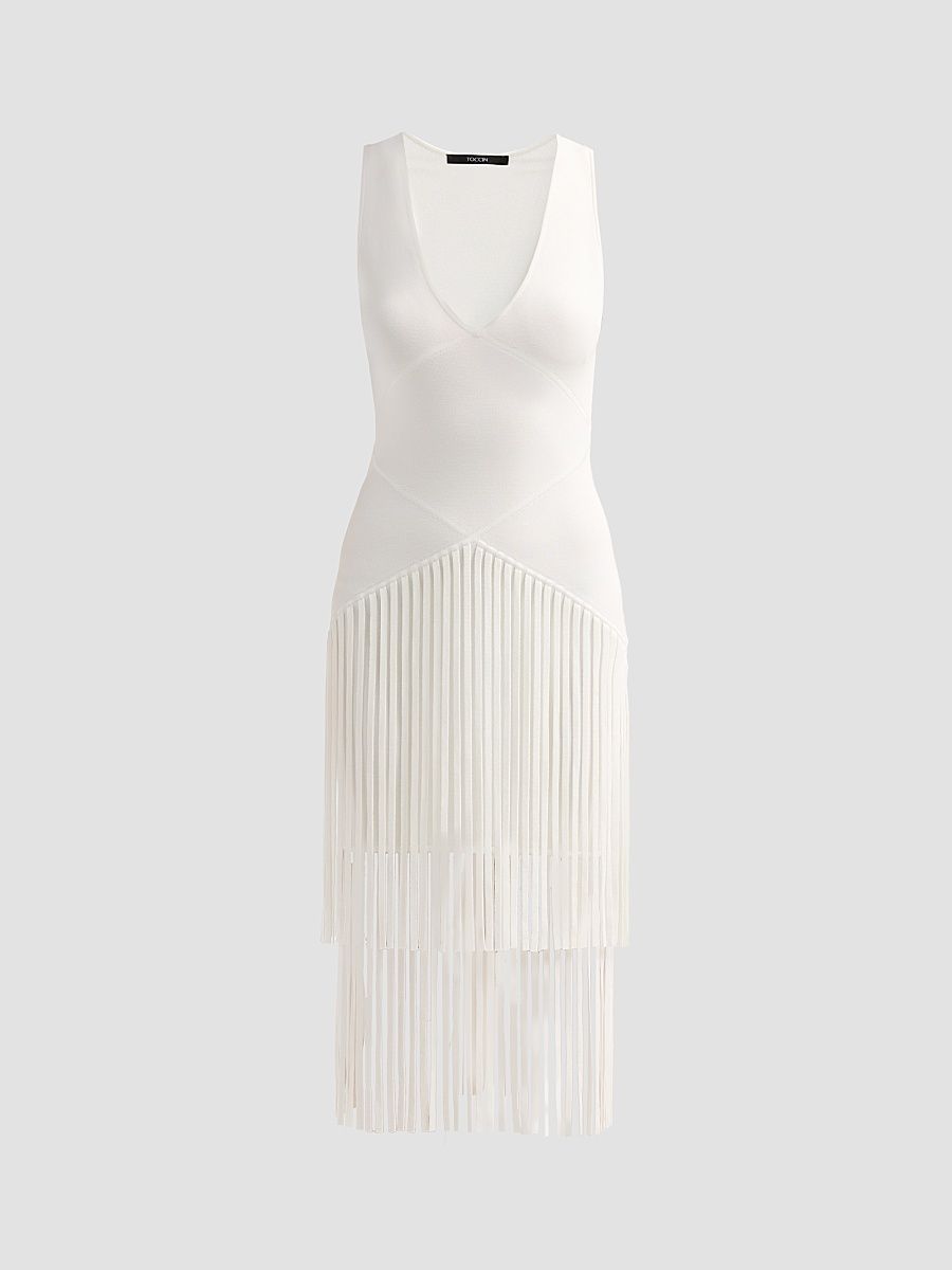 Women's Patricia Fringed V-Neck Midi Dress - Optic - Size XL