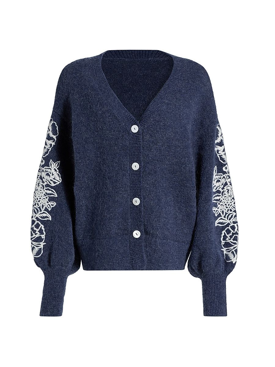 Women's Le Fleur Agnes Floral-Embroidered Wool-Blend Cardigan - Royal - Size 8