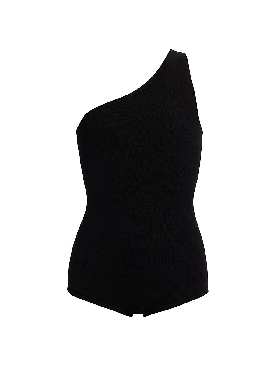 Women's Stretch-Cashmere One-Shoulder Sleeveless Bodysuit - Black - Size XL