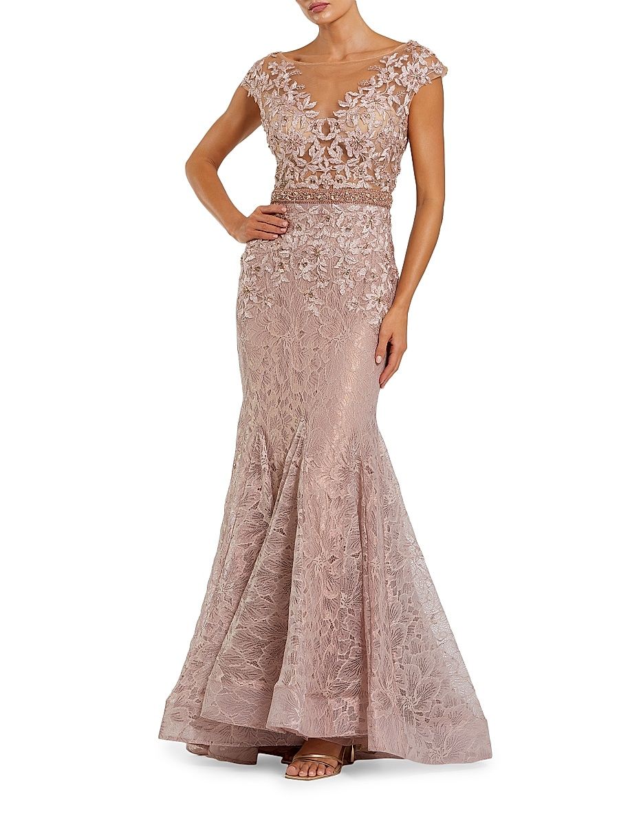 Women's Illusion Beaded Mermaid Gown - Mocha - Size 10